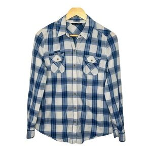 Express Plaid Button Down Shirt Womens Medium Blue White Metallic Long‎ Sleeve